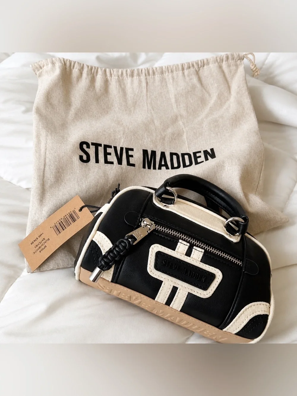 Steve Madden Black and Cream Contrast Leather Satchel‎
